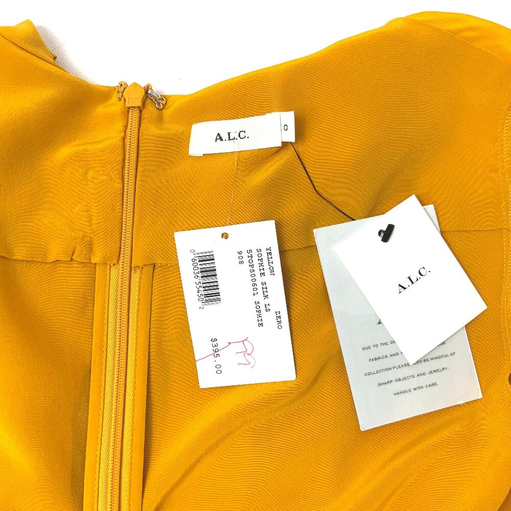New A.L.C. Sophie 100% Silk Draped Tied Neck Yellow Blouse Sz 0 - 4 - Picture 12 of 16
